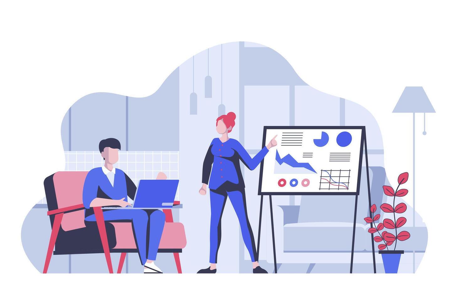 business-meeting-concept-with-cartoon-people-in-flat-design-for-web-colleagues-analyzing-and-discussing-presentation-at-conference-illustration-for-social-media-banner-marketing-material-vector