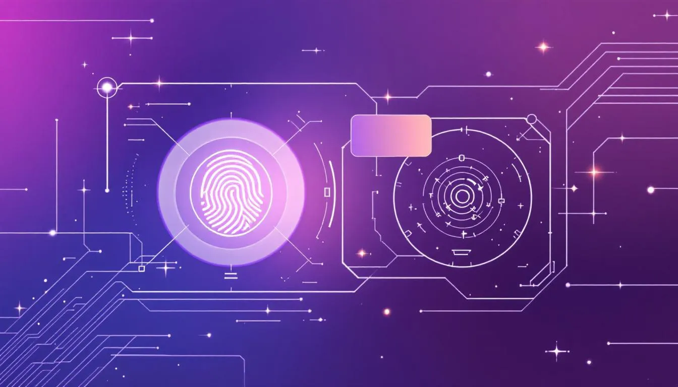 An illustration of biometric authentication methods such as fingerprint and facial recognition.