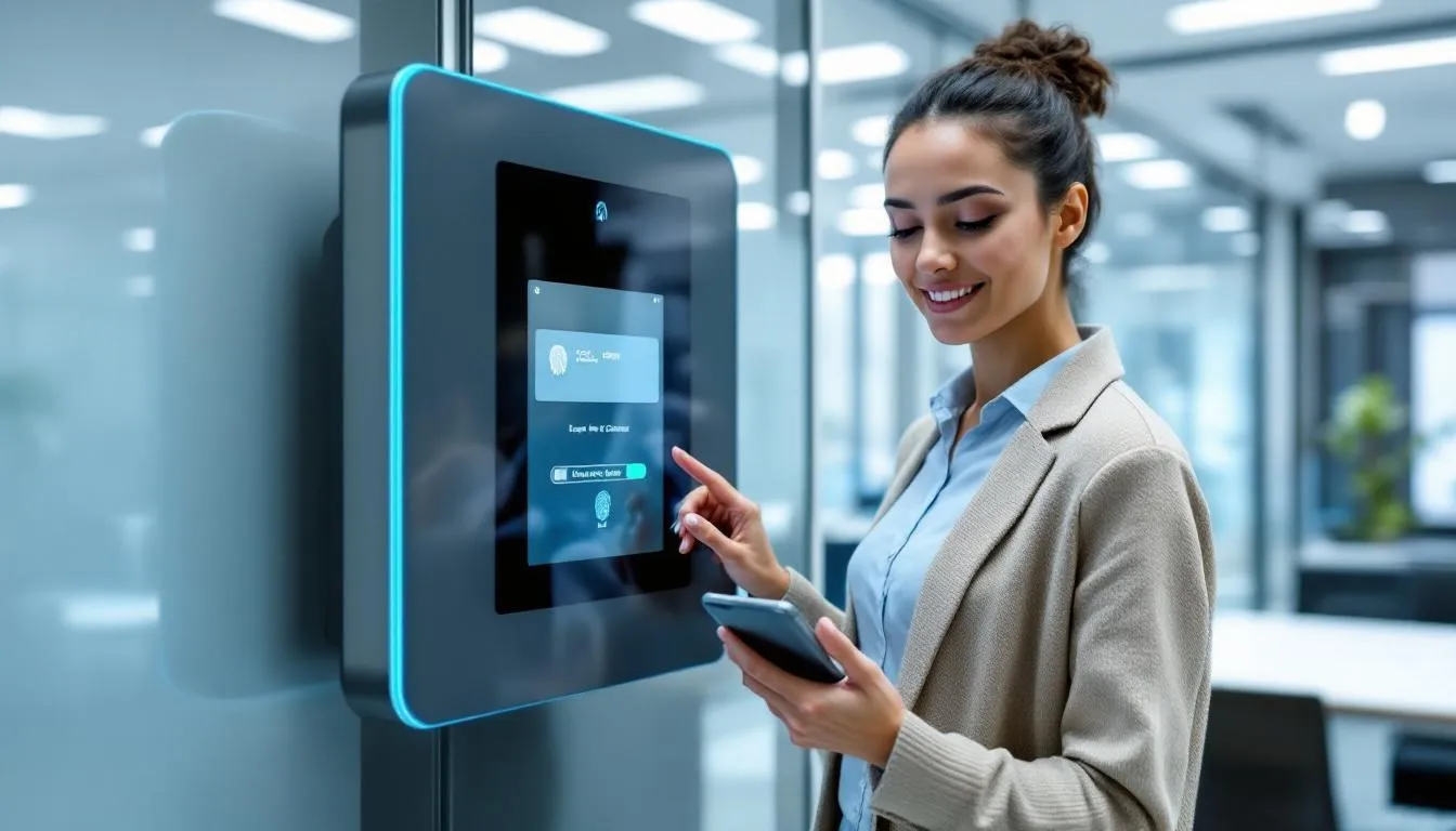In the image, a person is engaged in a multi-factor authentication process, utilizing various authentication methods such as a fingerprint scanner, a mobile device for push notifications, and a security key. This scene illustrates the importance of multiple authentication factors to secure online accounts and protect the user's identity from unauthorized access.