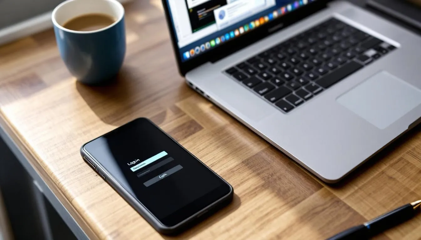 A mobile phone is placed next to a computer, both displaying screens related to user authentication, highlighting the concept of passwordless authentication and secure access methods. The image suggests a seamless user experience in managing identity security and implementing multi-factor authentication.