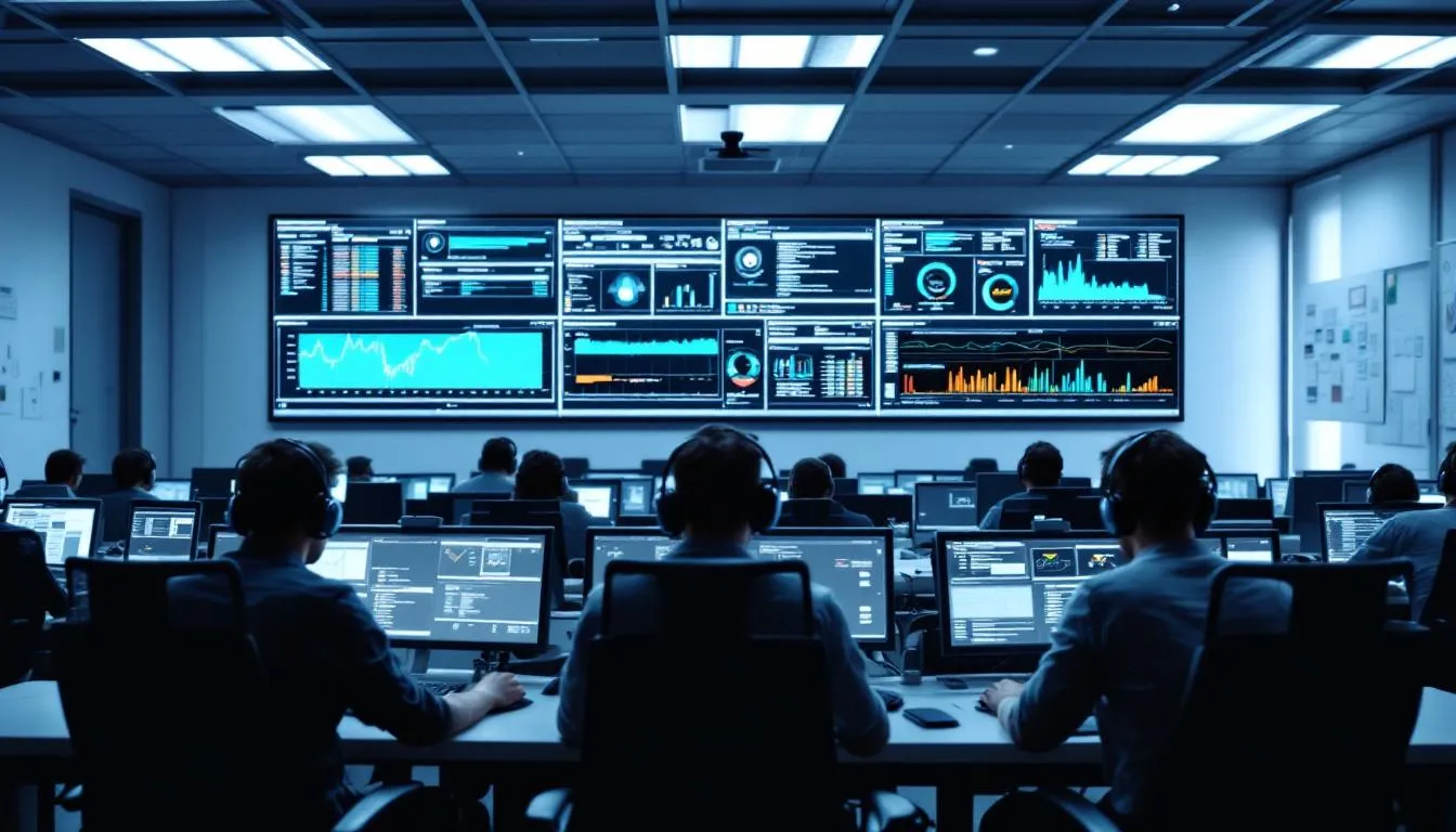 In the image, a network security operations center is depicted with multiple screens showcasing authentication logs and security metrics, emphasizing the importance of multi factor authentication in protecting user accounts from unauthorized access. The environment is filled with professionals monitoring login attempts and user activity, ensuring robust access management and security for online accounts.