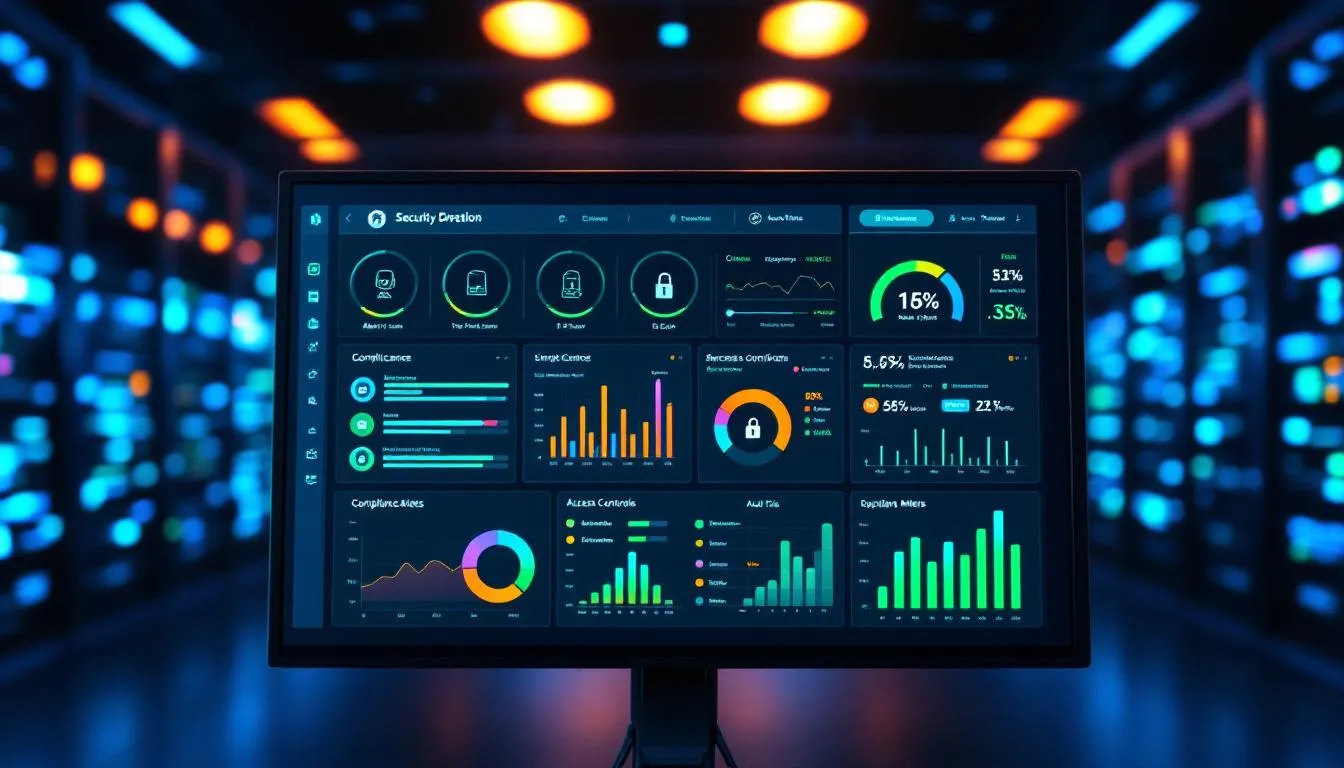 The image depicts a security dashboard showcasing various authentication methods, including multi-factor authentication (MFA) options like fingerprint scans and authentication codes. Compliance indicators are visible, emphasizing the importance of multiple authentication factors in protecting user accounts and sensitive information from unauthorized access.